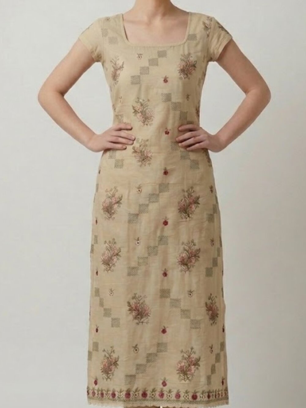 Embroidered Indian Kurti Tunic Dress Cream Beige Floral Boho Kurta Womens No Tag